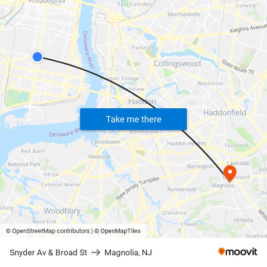 Snyder Av & Broad St to Magnolia, NJ map