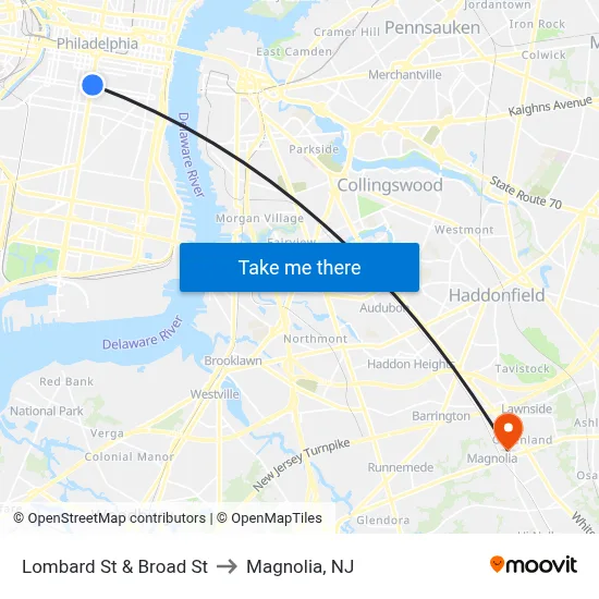 Lombard St & Broad St to Magnolia, NJ map