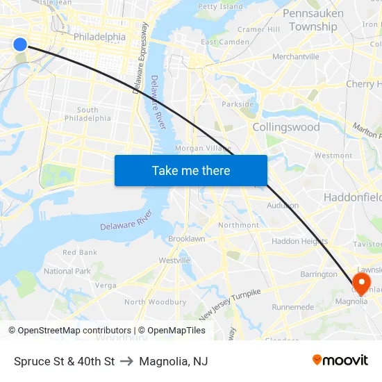 Spruce St & 40th St to Magnolia, NJ map