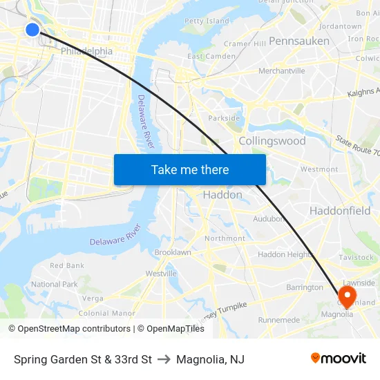 Spring Garden St & 33rd St to Magnolia, NJ map