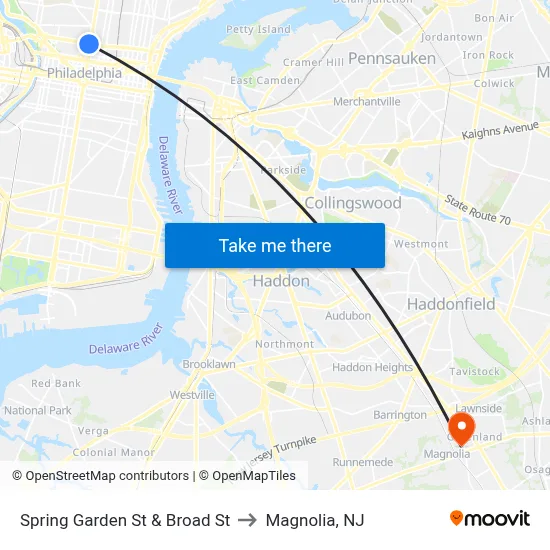 Spring Garden St & Broad St to Magnolia, NJ map