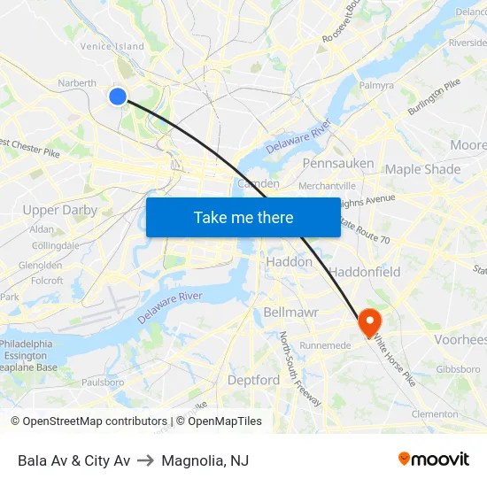 Bala Av & City Av to Magnolia, NJ map