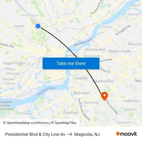 Presidential Blvd & City Line Av to Magnolia, NJ map