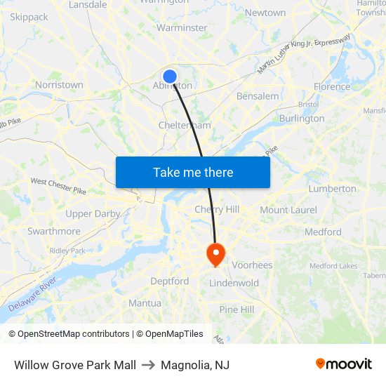 Willow Grove Park Mall to Magnolia, NJ map