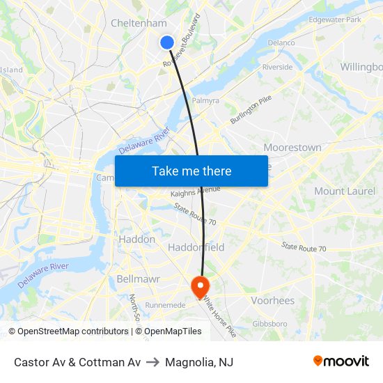 Castor Av & Cottman Av to Magnolia, NJ map