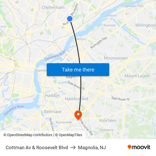 Cottman Av & Roosevelt Blvd to Magnolia, NJ map