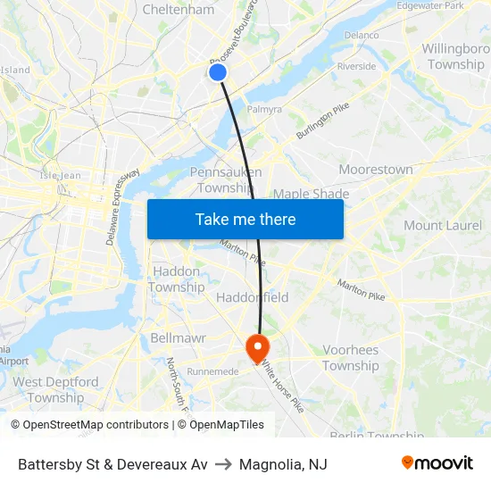 Battersby St & Devereaux Av to Magnolia, NJ map