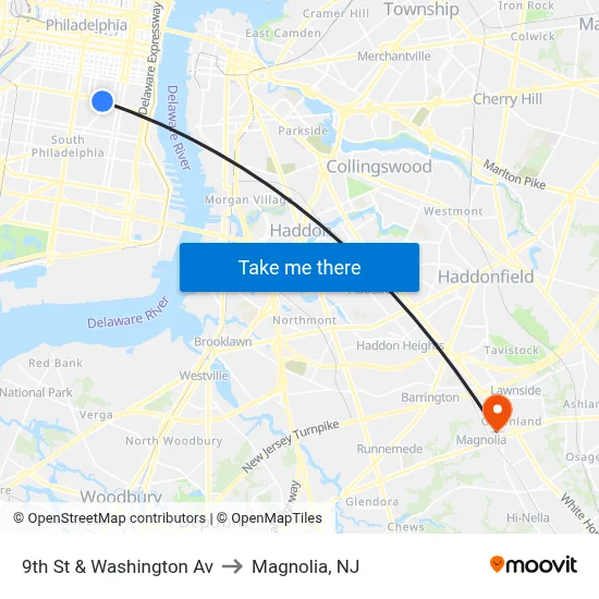 9th St & Washington Av to Magnolia, NJ map