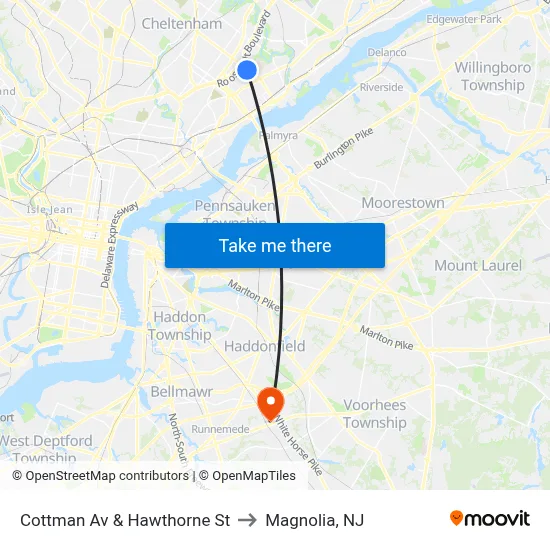 Cottman Av & Hawthorne St to Magnolia, NJ map