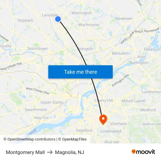 Montgomery Mall to Magnolia, NJ map