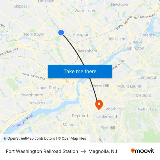 Fort Washington Railroad Station to Magnolia, NJ map