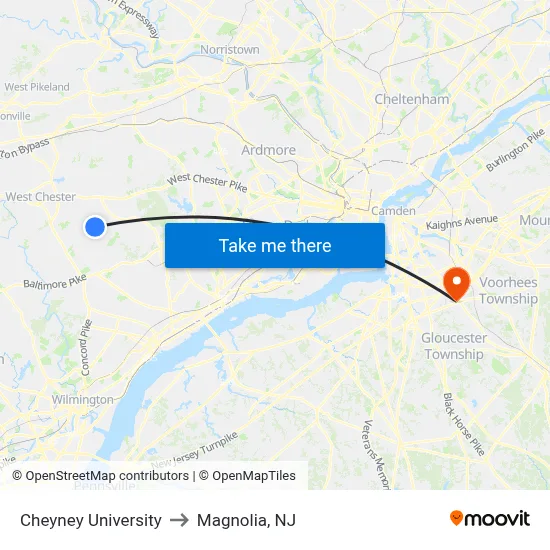 Cheyney University to Magnolia, NJ map