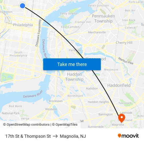 17th St & Thompson St to Magnolia, NJ map