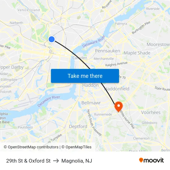 29th St & Oxford St to Magnolia, NJ map