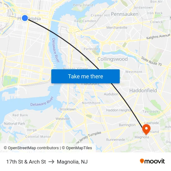 17th St & Arch St to Magnolia, NJ map