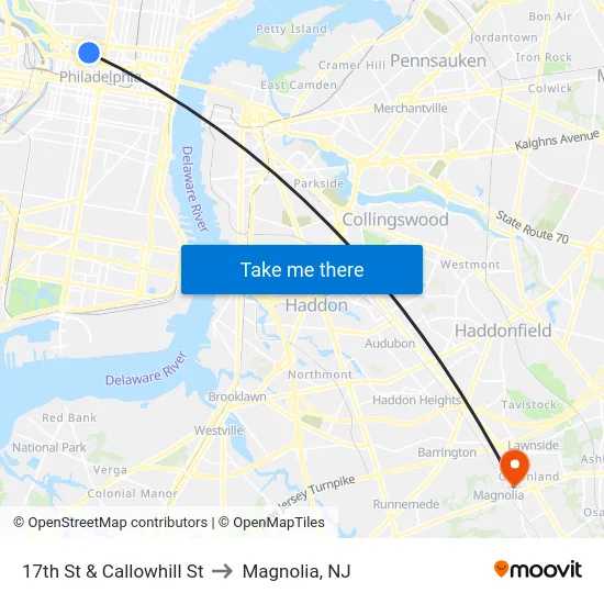 17th St & Callowhill St to Magnolia, NJ map