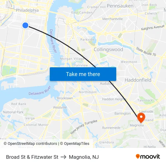 Broad St & Fitzwater St to Magnolia, NJ map