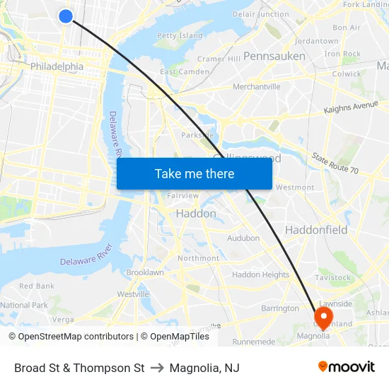 Broad St & Thompson St to Magnolia, NJ map