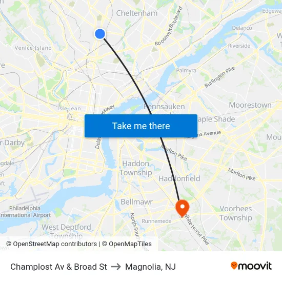 Champlost Av & Broad St to Magnolia, NJ map