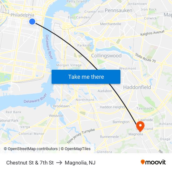 Chestnut St & 7th St to Magnolia, NJ map