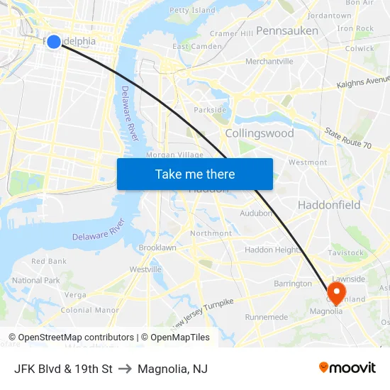 JFK Blvd & 19th St to Magnolia, NJ map