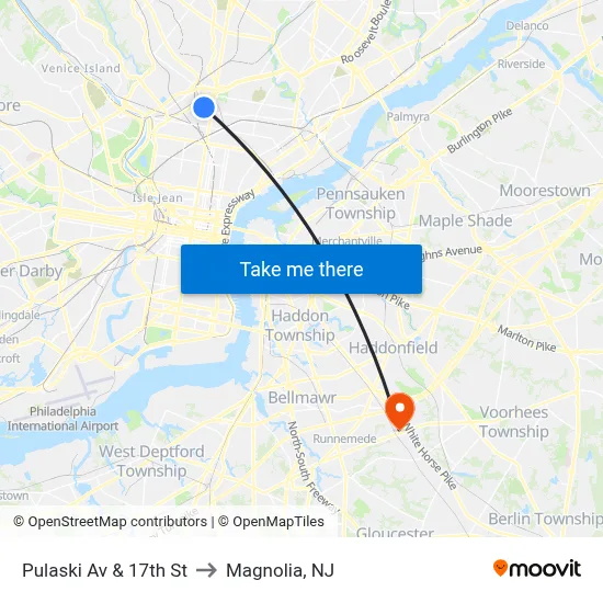 Pulaski Av & 17th St to Magnolia, NJ map
