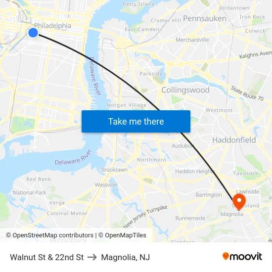 Walnut St & 22nd St to Magnolia, NJ map