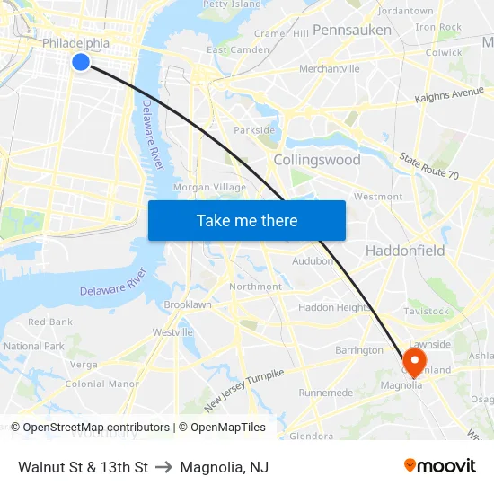 Walnut St & 13th St to Magnolia, NJ map