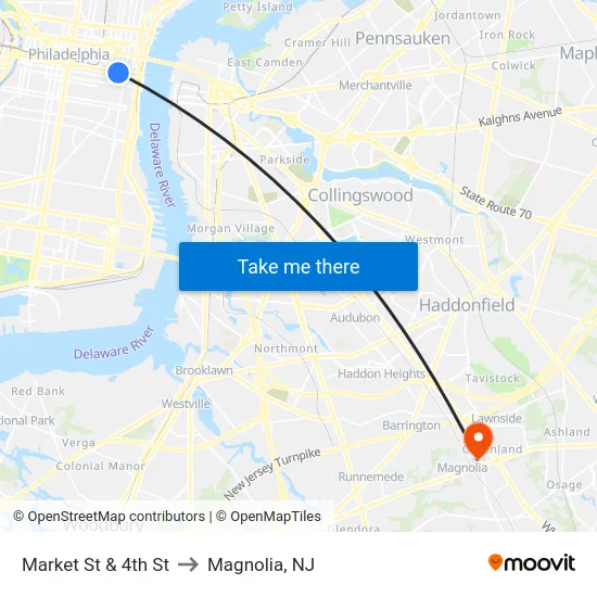 Market St & 4th St to Magnolia, NJ map