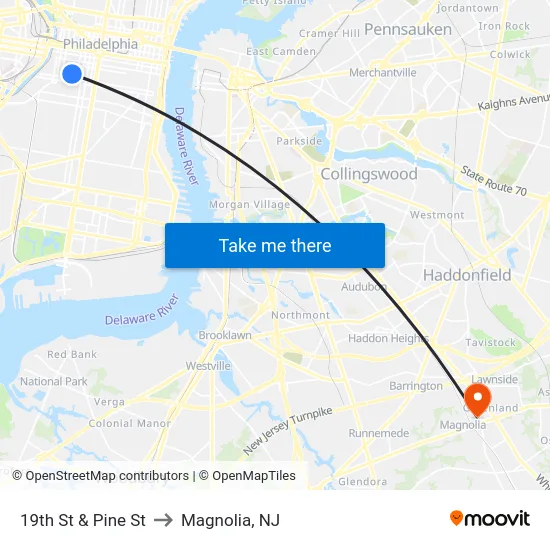 19th St & Pine St to Magnolia, NJ map