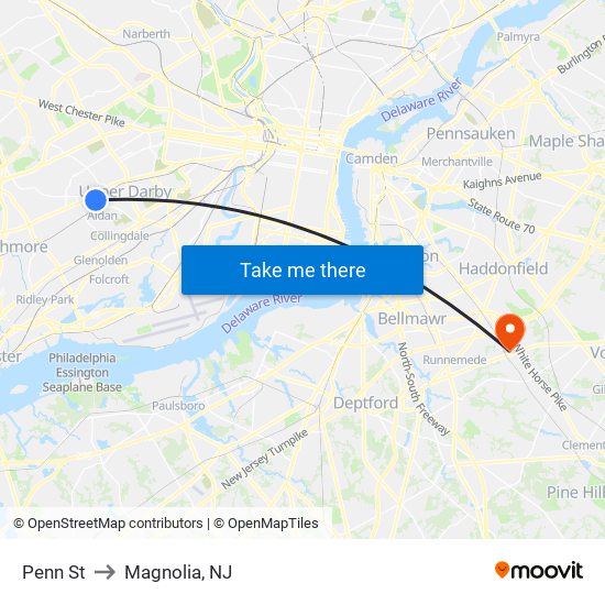 Penn St to Magnolia, NJ map