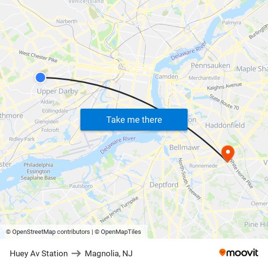 Huey Av Station to Magnolia, NJ map