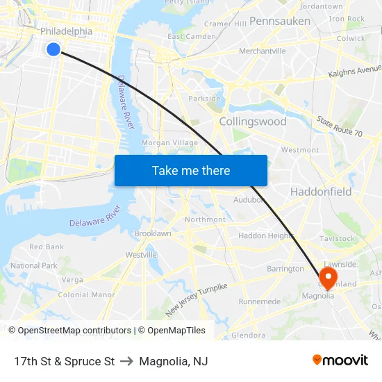 17th St & Spruce St to Magnolia, NJ map