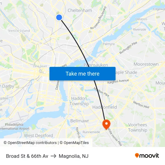 Broad St & 66th Av to Magnolia, NJ map