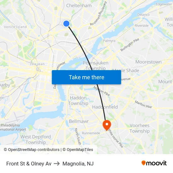 Front St & Olney Av to Magnolia, NJ map