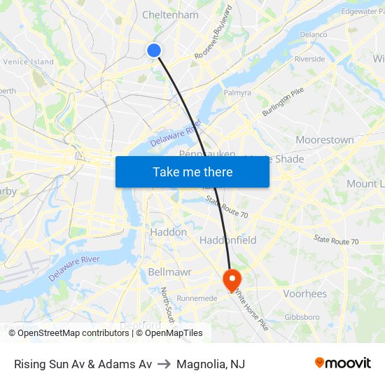 Rising Sun Av & Adams Av to Magnolia, NJ map