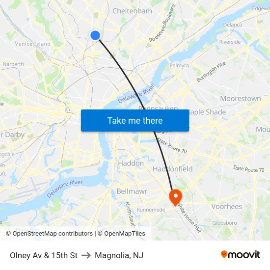 Olney Av & 15th St to Magnolia, NJ map