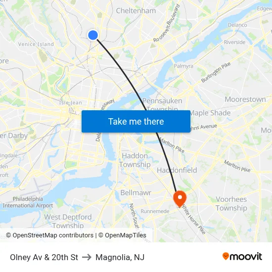 Olney Av & 20th St to Magnolia, NJ map