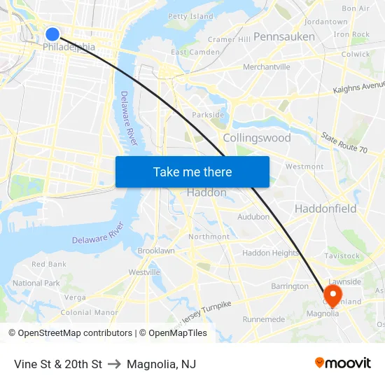 Vine St & 20th St to Magnolia, NJ map