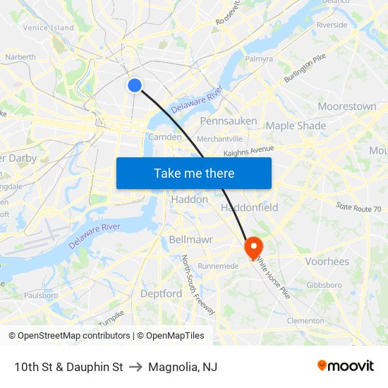 10th St & Dauphin St to Magnolia, NJ map