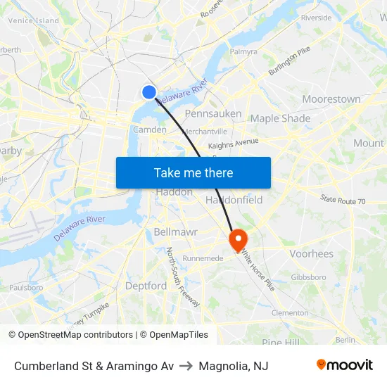 Cumberland St & Aramingo Av to Magnolia, NJ map