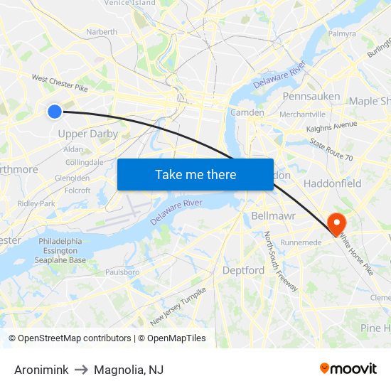 Aronimink to Magnolia, NJ map