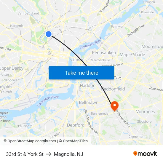 33rd St & York St to Magnolia, NJ map