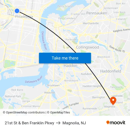 21st St & Ben Franklin Pkwy to Magnolia, NJ map