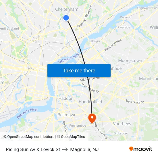 Rising Sun Av & Levick St to Magnolia, NJ map
