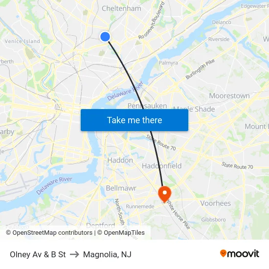 Olney Av & B St to Magnolia, NJ map