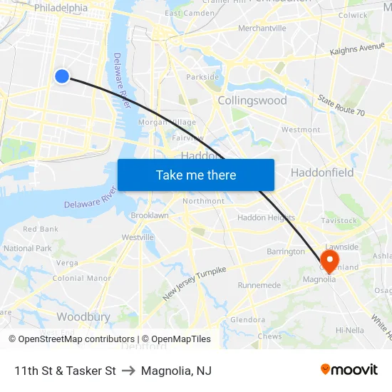 11th St & Tasker St to Magnolia, NJ map