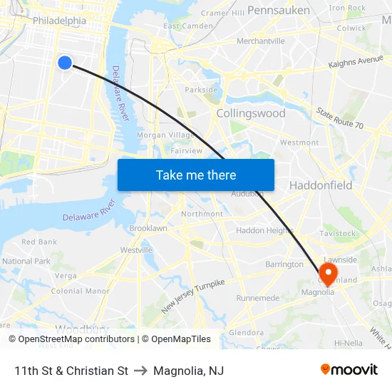 11th St & Christian St to Magnolia, NJ map