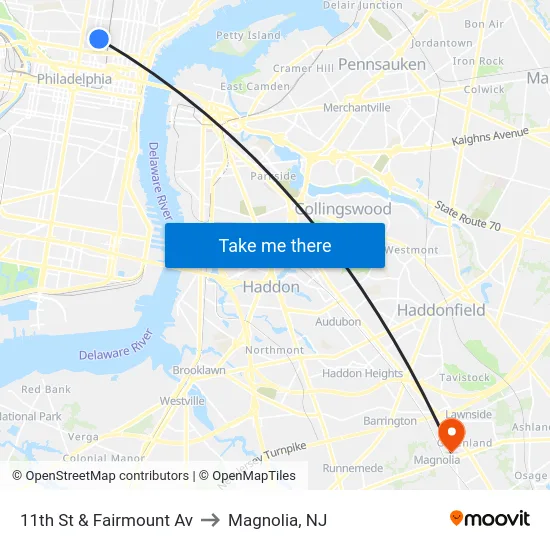 11th St & Fairmount Av to Magnolia, NJ map