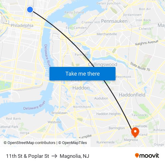 11th St & Poplar St to Magnolia, NJ map